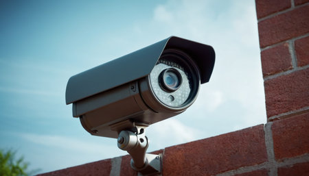 CCTV camera on a brick wall with blue sky in the backgroundの素材