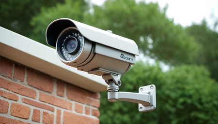 Surveillance camera on brick wall with green trees in the backgroundの素材