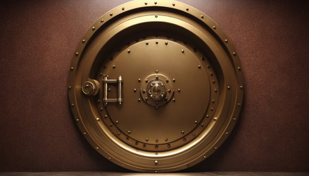 3D rendering of a gold bank vault door with a combination lockの素材
