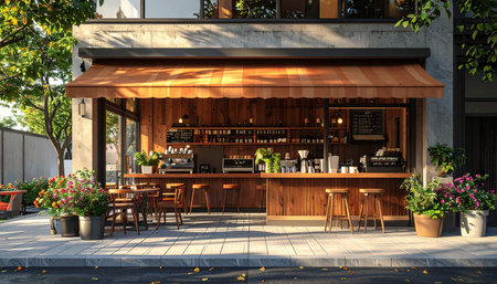 3d rendering of a cafe with a wooden terrace and tablesの素材
