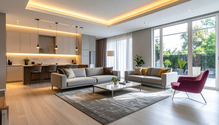 interior of modern apartment, living room with sofa and armchairの素材