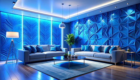 Interior of modern living room with blue sofa and blue wall. 3D renderingの素材