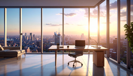 Modern office interior with panoramic city view. 3D Renderingの素材