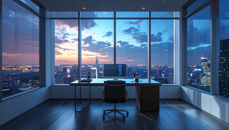 Office interior with city view. Evening time. 3D Renderingの素材