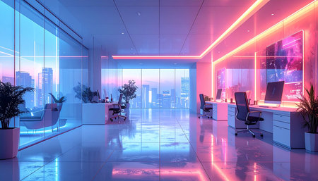 Interior of modern bright office with blue and pink neon lights. 3d renderingの素材