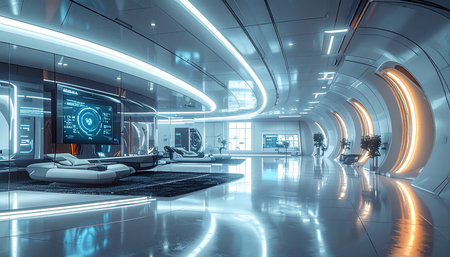 Interior of modern office corridor with glowing lights. 3D renderingの素材