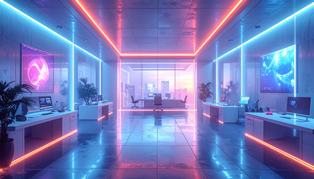 3d rendering of modern office interior with neon lights. 3d illustrationの素材