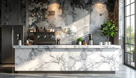 interior of modern kitchen with white marble countertop 3d renderの素材