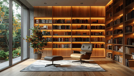 Bookshelf with books in a modern library interior. 3d renderingの素材