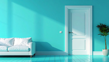 Interior design of modern living room with blue walls, wooden floor and white sofa. 3d renderの素材