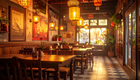Interior of a cozy Chinese restaurant with wooden tables and chairs.の素材