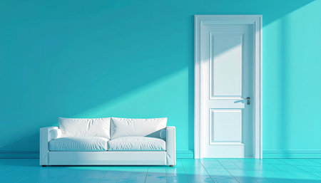 Interior of a living room with a white sofa and a doorの素材