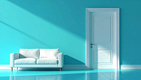 Interior of the living room with a white sofa and a blue doorの素材