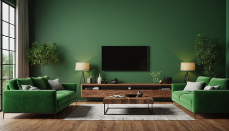Green living room interior with green sofa, coffee table and TV. 3d renderingの素材