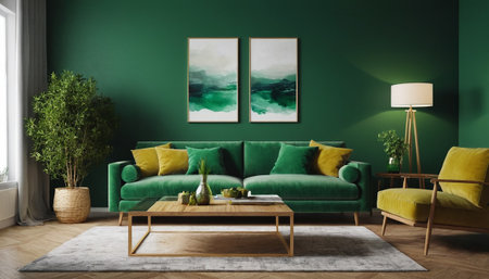 interior with green sofa. 3d illustration, 3d renderの素材