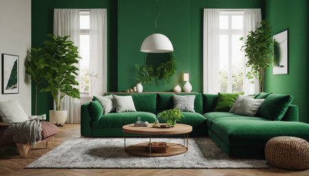Green living room interior with green sofa and coffee table. 3d renderingの素材