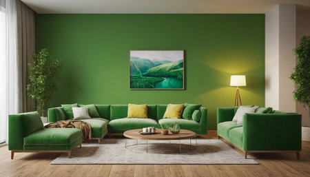 interior with green sofa. 3d illustration,   renderingの素材