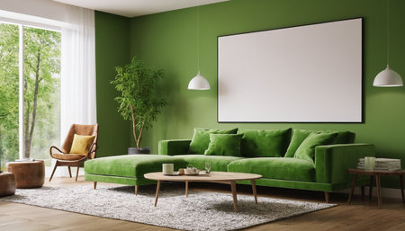 Green living room interior with green sofa, coffee table and armchair. 3d renderの素材