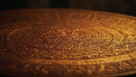 close up view of a copper plate with a decorative pattern on itの素材