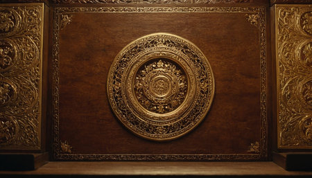 Close-up of antique metal plate on a wooden shelf in a museumの素材