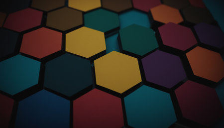Abstract 3d rendering of hexagons. Colorful hexagons on dark background.の素材