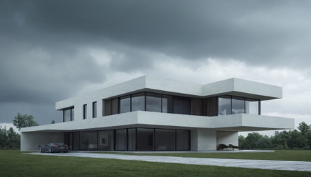 Modern house exterior with cloudy sky, 3d rendering. Computer digital drawing.の素材