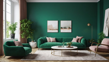 interior with green sofa. 3d render illustration mock-upの素材