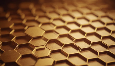 Golden hexagon background with shallow depth of field. 3d renderingの素材