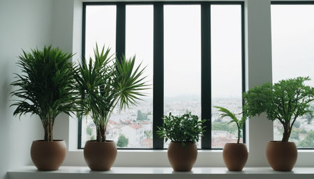 Terracotta pots with potted plants on windowsill.の素材