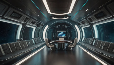 Spaceship interior with view on space and stars 3D renderingの素材
