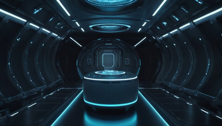 Futuristic dark blue spaceship interior with glowing lights 3d renderingの素材
