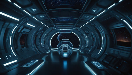 Spaceship corridor with glowing lights and spaceship interior 3D renderingの素材
