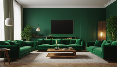 Green living room interior with sofa and TV on wall. 3D Renderingの素材