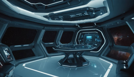 Spaceship interior with view on the blue spaceship. 3d renderingの素材