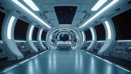 Futuristic spaceship interior view with blue and white lights 3d renderingの素材