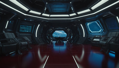 Spaceship interior with window view on space and planets 3D renderingの素材