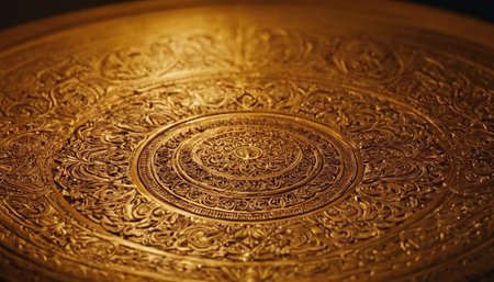 golden plate with ornament on black background, closeup of photoの素材