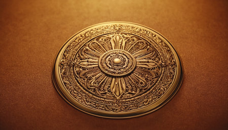 Vintage brass plate on a brown background. Shallow depth of fieldの素材