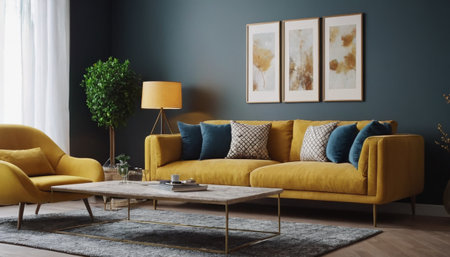 Living room interior with yellow sofa, coffee table and posters. 3d renderの素材