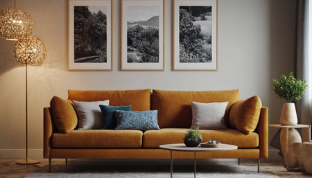 Living room interior with yellow sofa, coffee table and pictures on wallの素材