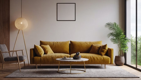 Modern living room interior with yellow sofa, coffee table and lamp. 3d renderingの素材
