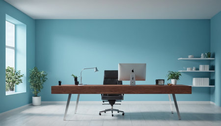 Modern office interior with blue walls, wooden floor and computer tables. 3d rendering mock upの素材
