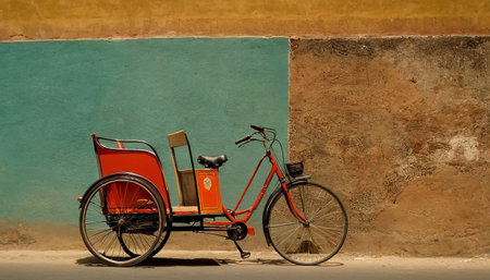 Colorful old rickshaw parked in front of an old wallの素材