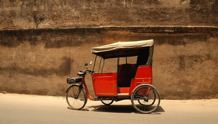 Red rickshaw on the street in India. Tuk tuk is a traditional taxi in India.の素材