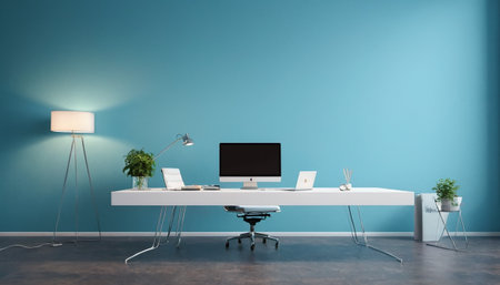 Interior of modern office with blue wall and wooden floor. Workplace concept. 3D Renderingの素材