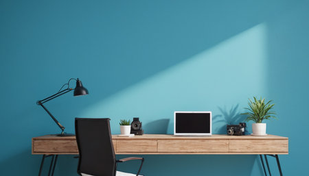 Wooden desk with laptop computer, lamp and plants on blue wall background. Workplace concept. 3D Renderingの素材