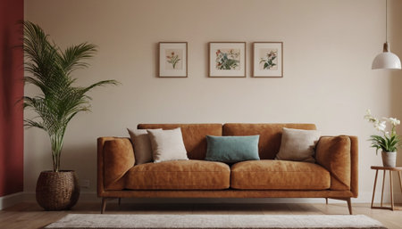 Interior of living room with brown sofa 3d render illustration.の素材
