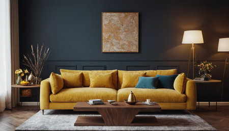 Living room interior with yellow sofa and coffee table, 3d renderの素材