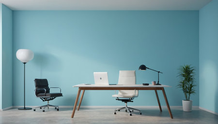 Modern office interior with blue walls, concrete floor and white computer tables. 3d renderの素材