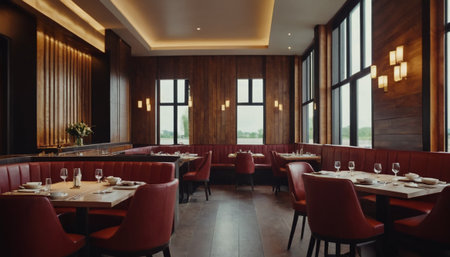 Interior of a restaurant with red chairs and tables in a rowの素材